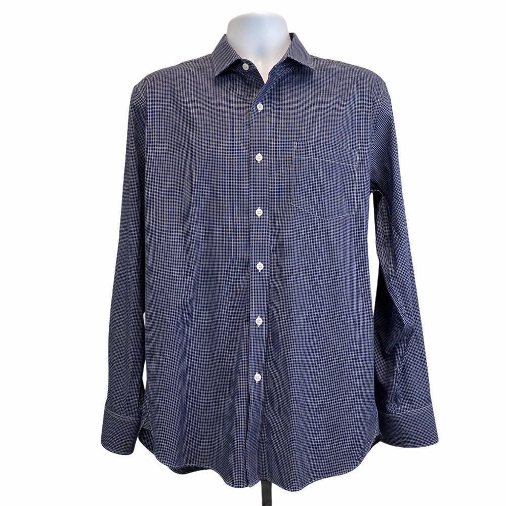 J. Crew Factory Blue Wrinkle Free Shirt Men Micro Gingham Large Cotton‎